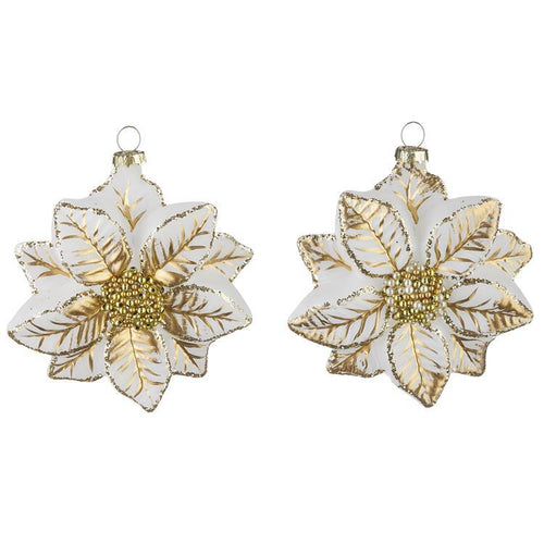 RAZ White and Gold Poinset Ceramic Ornament - Set of 2