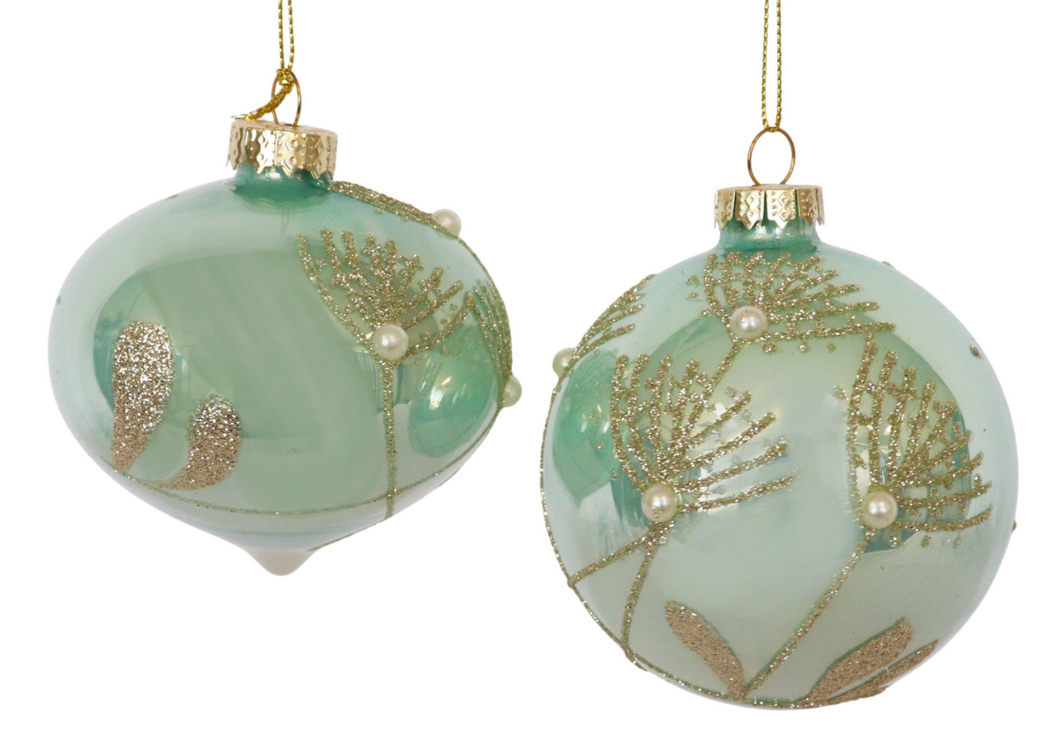 Green and Gold Floral Glass Ornaments - Set of 2