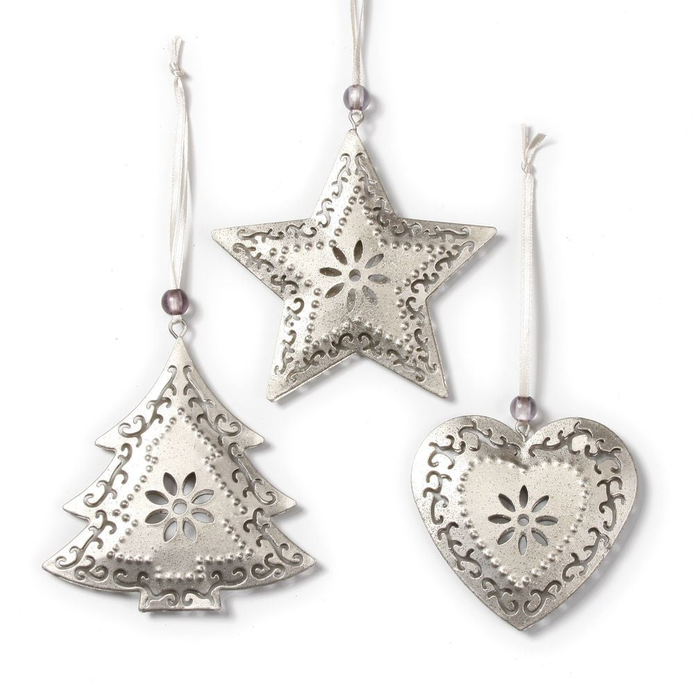 Silver Metal Heart, Star, Tree - Set of 3