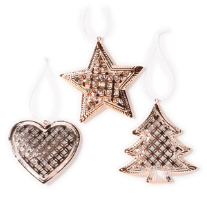 Rose Gold Metal Heart, Star and Tree Hanger - 3 assorted