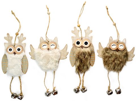 Wooden Fur Owls - Set of 4