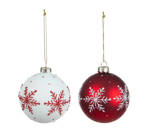 Snowflake Red and White Glass Bauble - Set of 2 - 6 cm