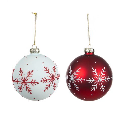 Snowflake Red and White Glass Bauble - Set of 2 - 8 cm